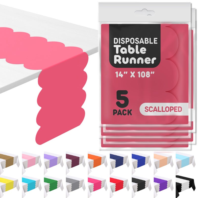 Swanoo Hot Pink Plastic Disposable Table Runner. 5 Pack 14 x 108 inch. Scallop Table Runner Adds A Pop of Color To Your Party Table, by Swanoo - Image 1